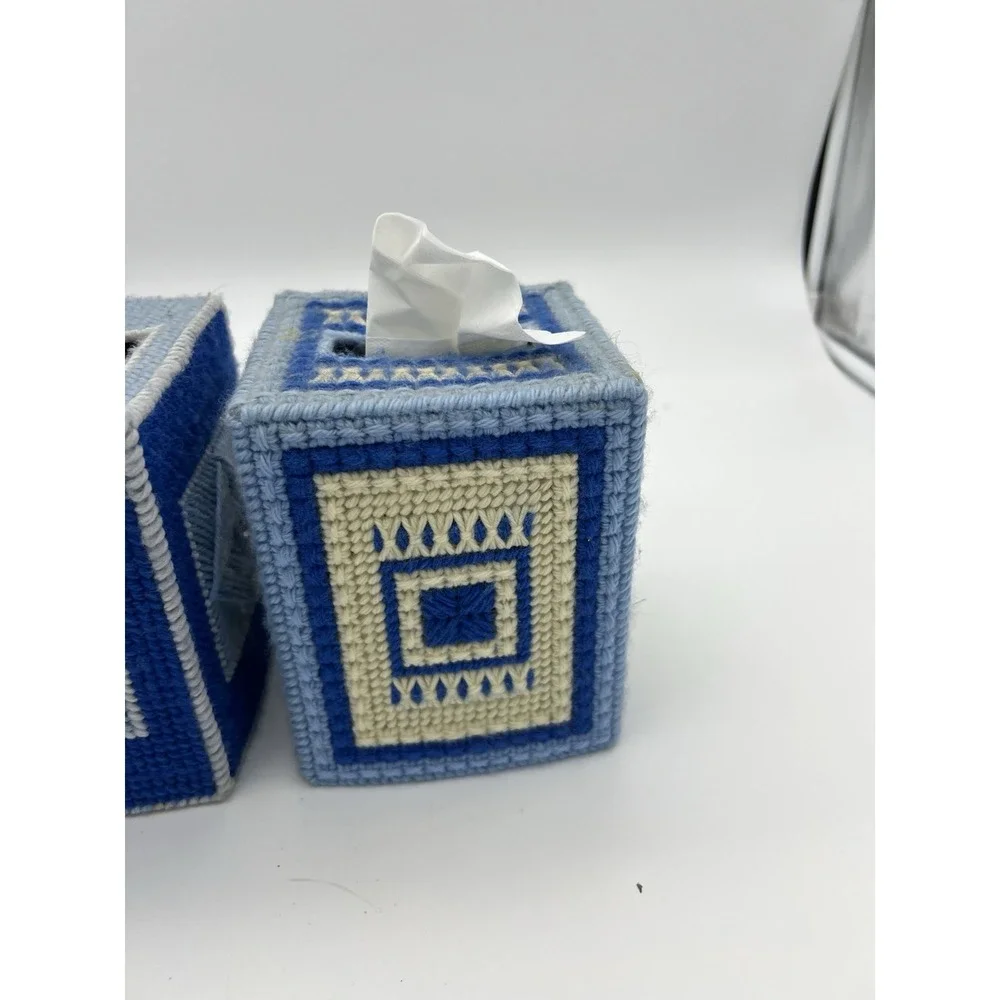 Vintage NEEDLEPOINT TISSUE BOX COVER LOT blue Finished Art MCM Grannycore decor